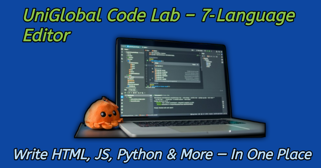 Browser-based multi-language code editor showing HTML preview and programming tabs.